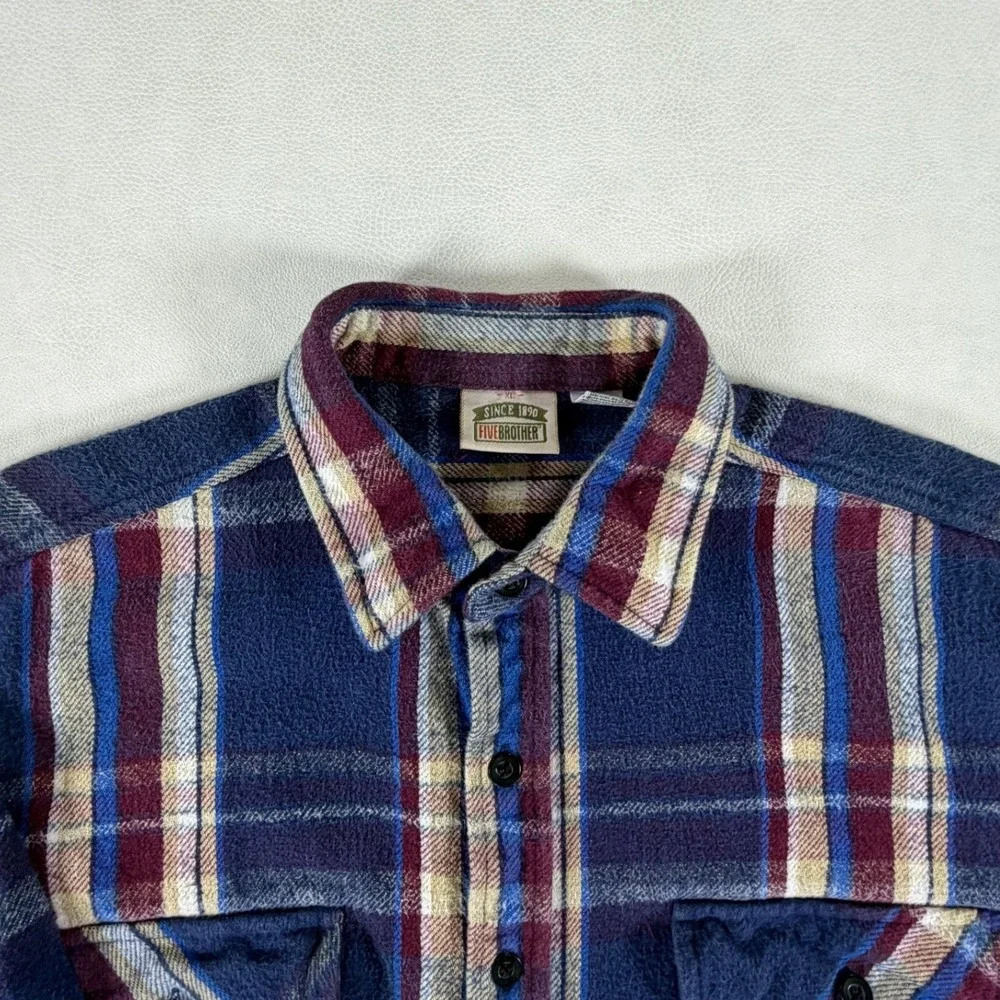 Vintage Five Brothers Heavy Flannel Shirt Long Sleeve Mens XL Blue Red Plaid